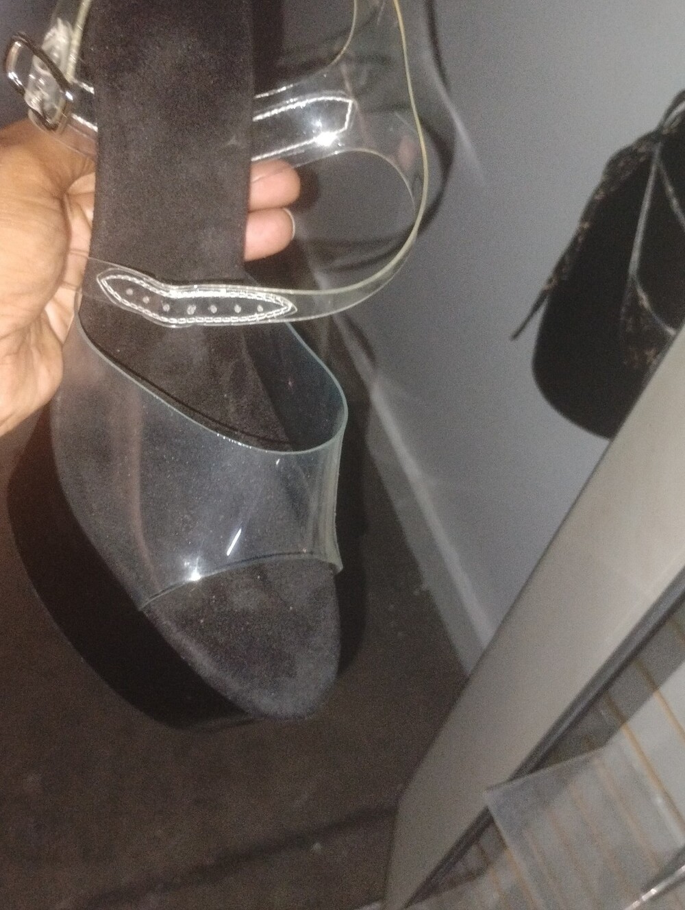 Clear Strap Black Suede Block Heel Sandal - Unbranded